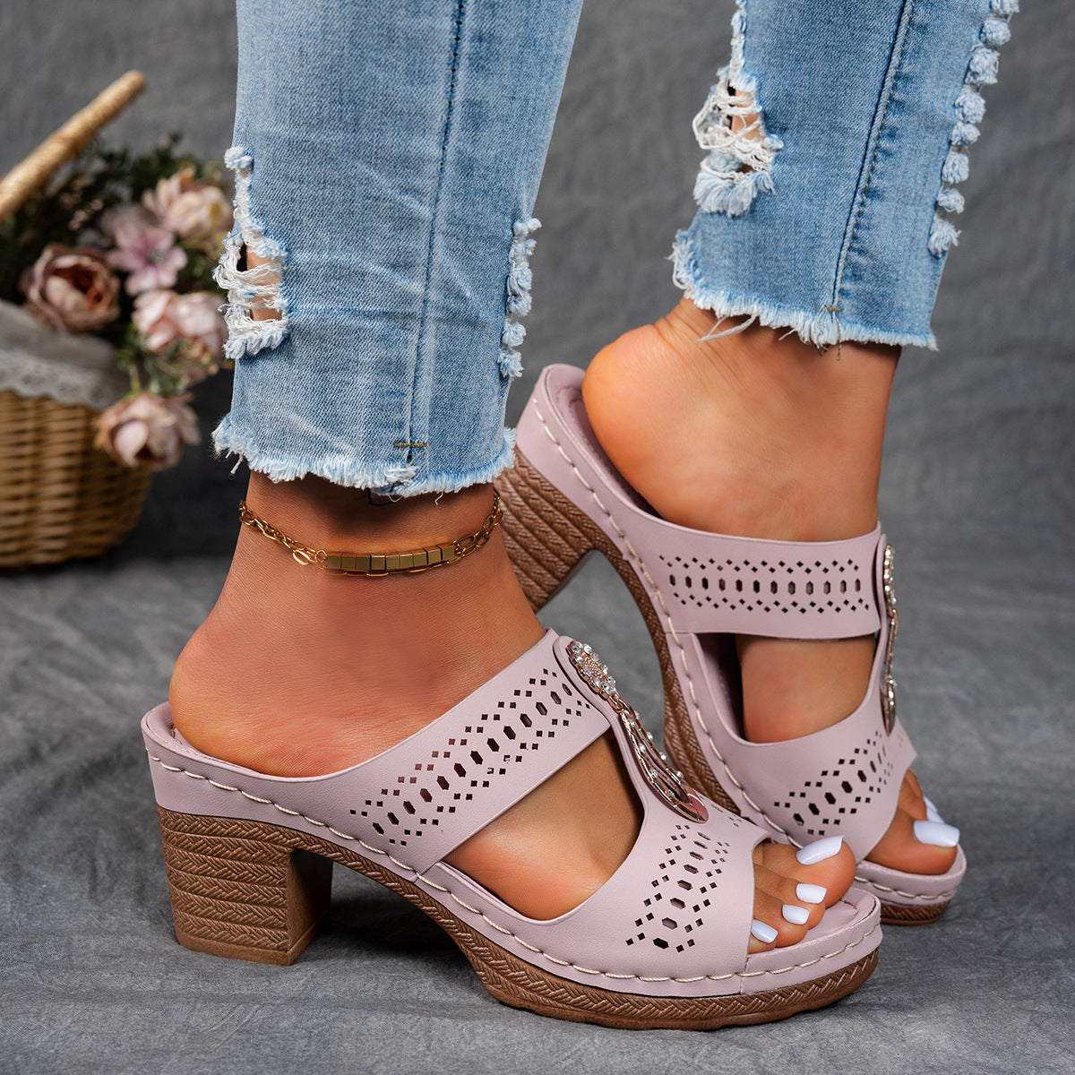 Open Toe Cut Out Embellished Block Heel Platform Slides