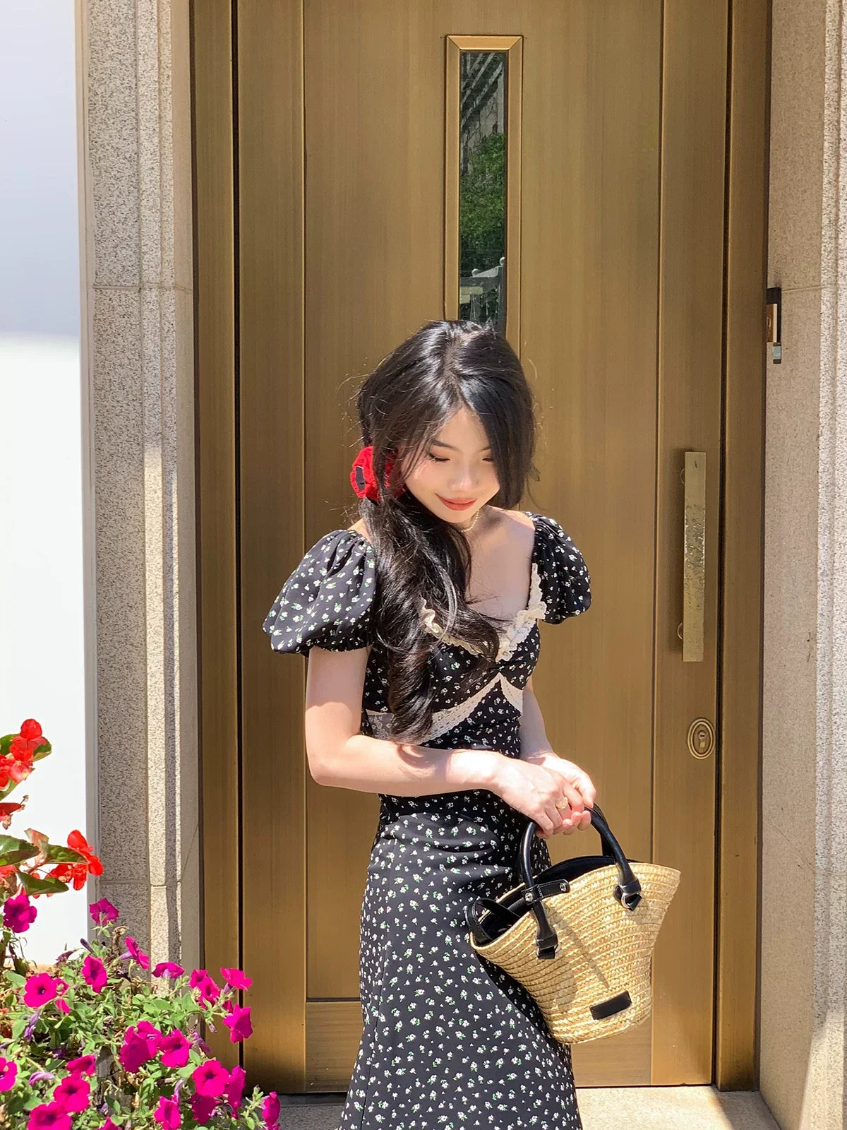 Floral Puff Sleeve Sweetheart Lace Trim Midi Dress 5