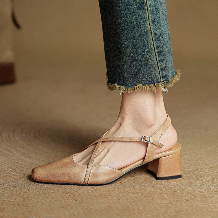Square Toe Cross Strap Block Heel Slingback Pumps