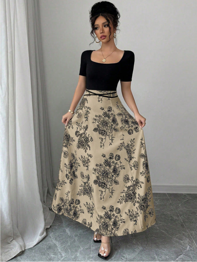 Floral Print Skirt Square Neck Short Sleeve Tie Waist A-Line Maxi Dress 3