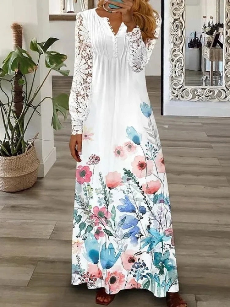 Lace Sleeve V-Neck Long Sleeve Pleated Maxi Dress 9