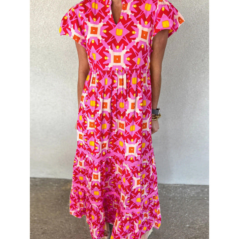 V-Neck Short Sleeve Geometric Print Tiered Maxi Dress