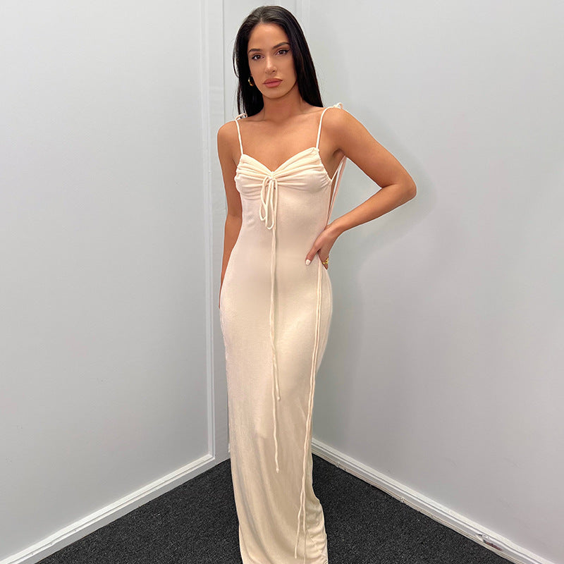 Halter Neck Ruched Drawstring Front Backless Bodycon Maxi Dress 3