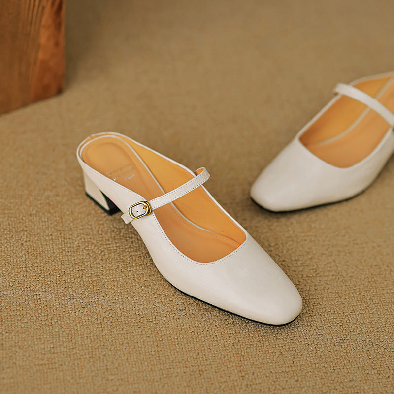 Square Toe Buckle Block Heel Mary Jane Mules
