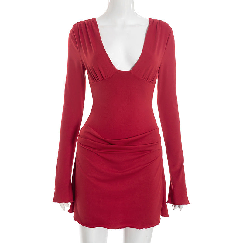 Deep V-Neck Long Sleeve Flare Cuff Drop Waist Mini Dress 2