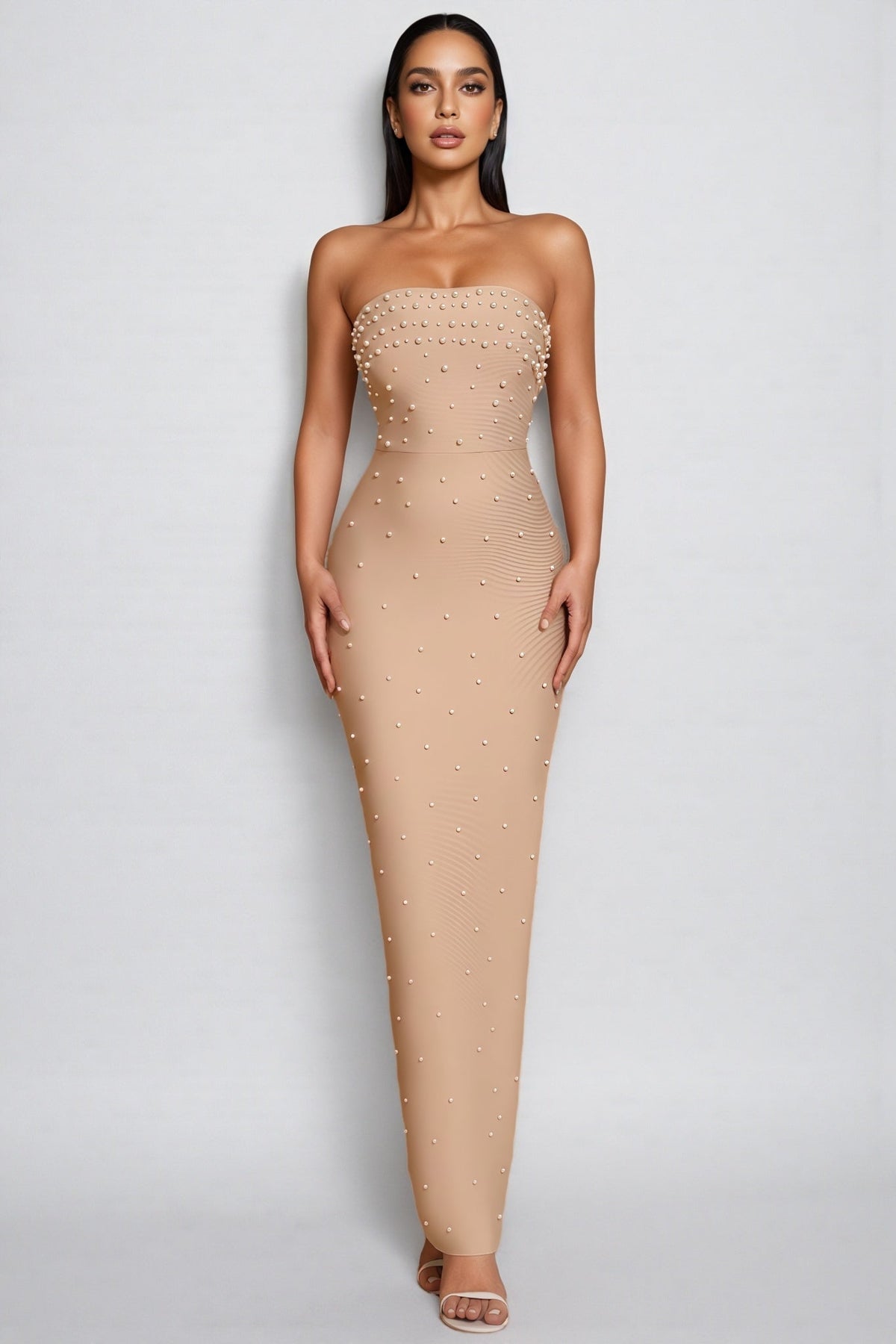 Strapless Faux Pearl Embellished Bandage Bodycon Maxi Dress