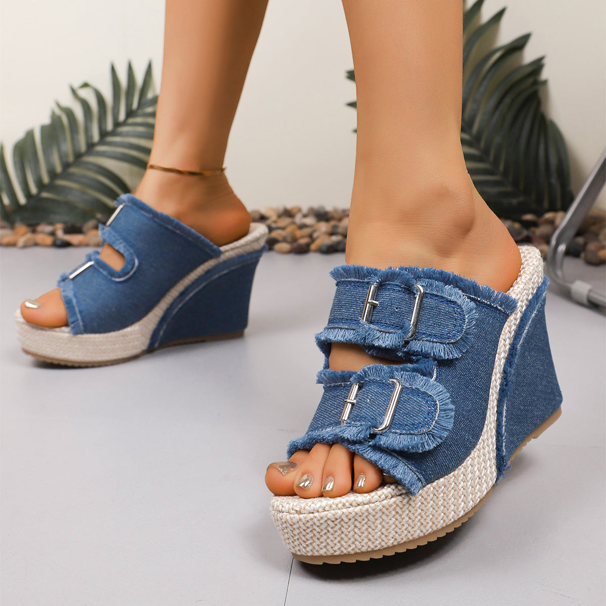 Open Toe Frayed Double Buckle Platform Wedge Slides