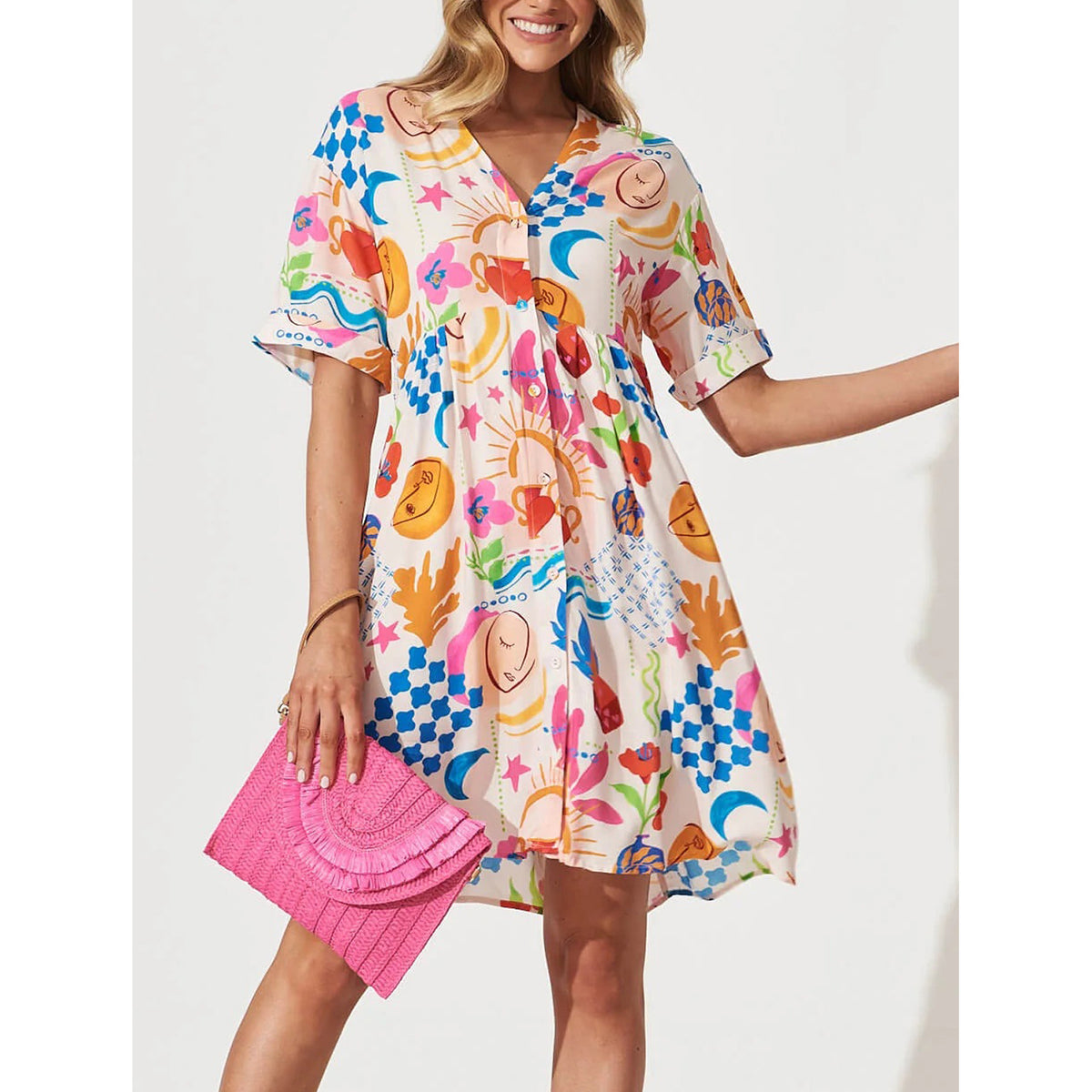 Abstract Print V-Neck Short Sleeve Button Front Pocket Mini Dress 3