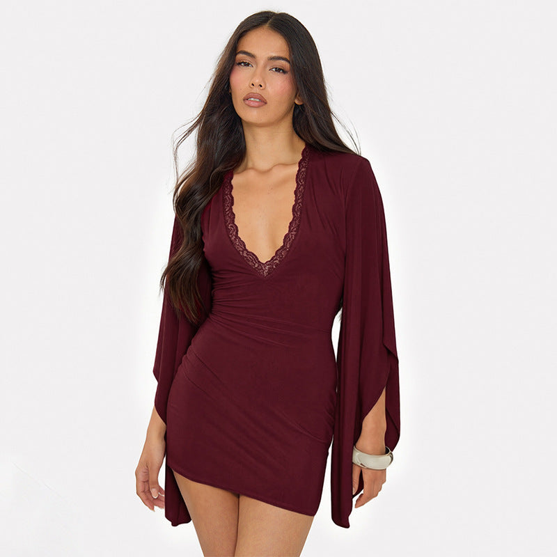 Lace Trim Deep V-Neck Flared Cape Sleeve Bodycon Mini Dress 6
