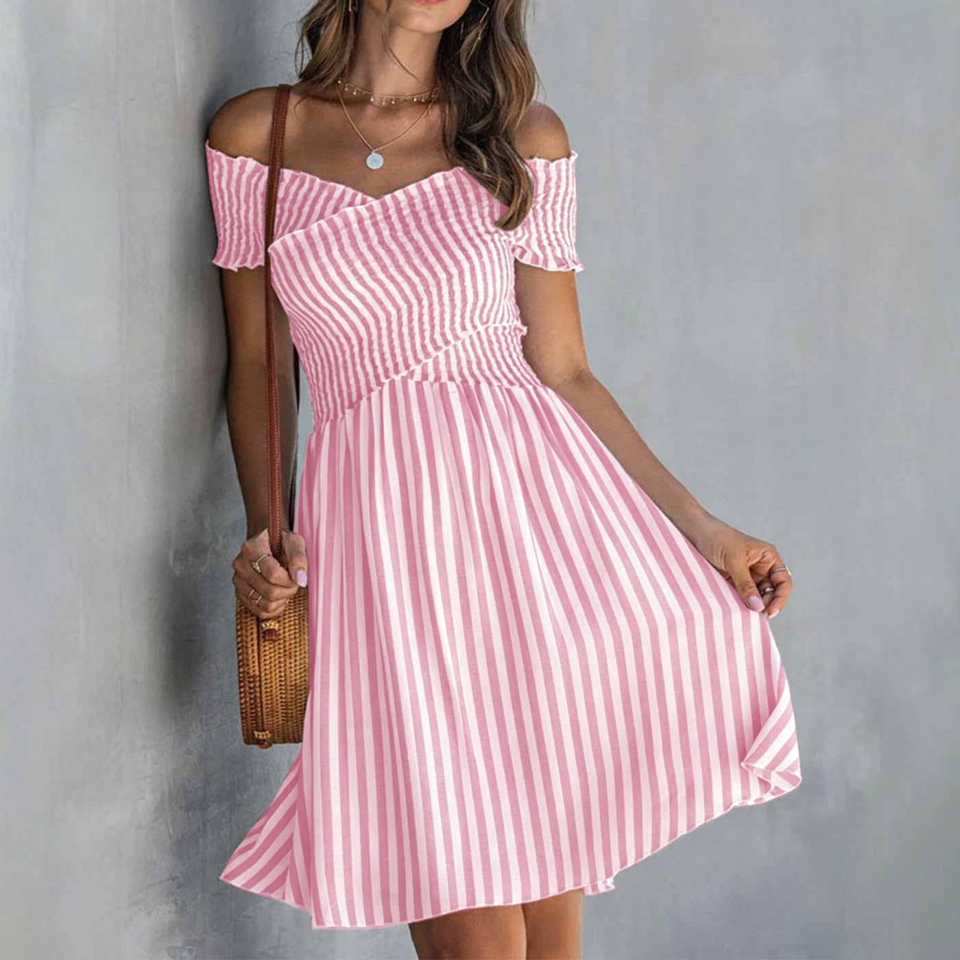 Striped Off Shoulder Short Sleeve Smocked Mini Dress 2