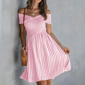 Striped Off Shoulder Short Sleeve Smocked Mini Dress 2