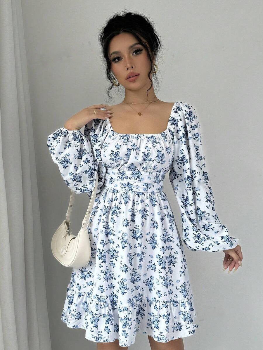 Karen Aesthetic Women's Floral Dress with Balloon Sleeves and Gathered Waistband Premium Wardrobe Essential