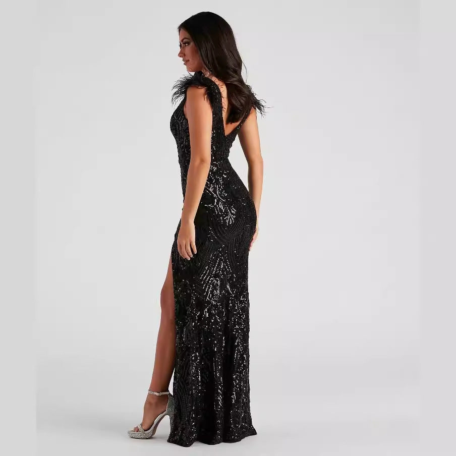 Sequin Feather Shoulder Plunge V-Neck High Split Evening Gown 4