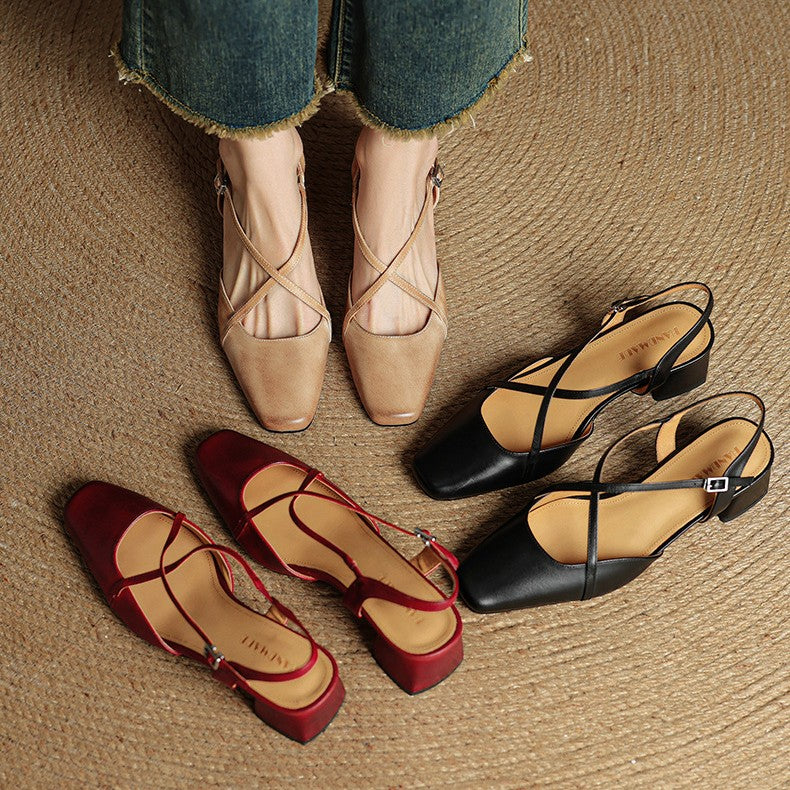 Square Toe Cross Strap Block Heel Slingback Pumps