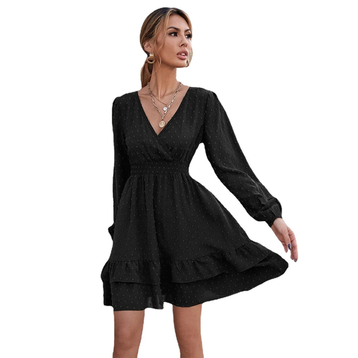 Swiss Dot Surplice V-Neck Long Sleeve Shirred Waist Tiered Ruffle Mini Dress 4