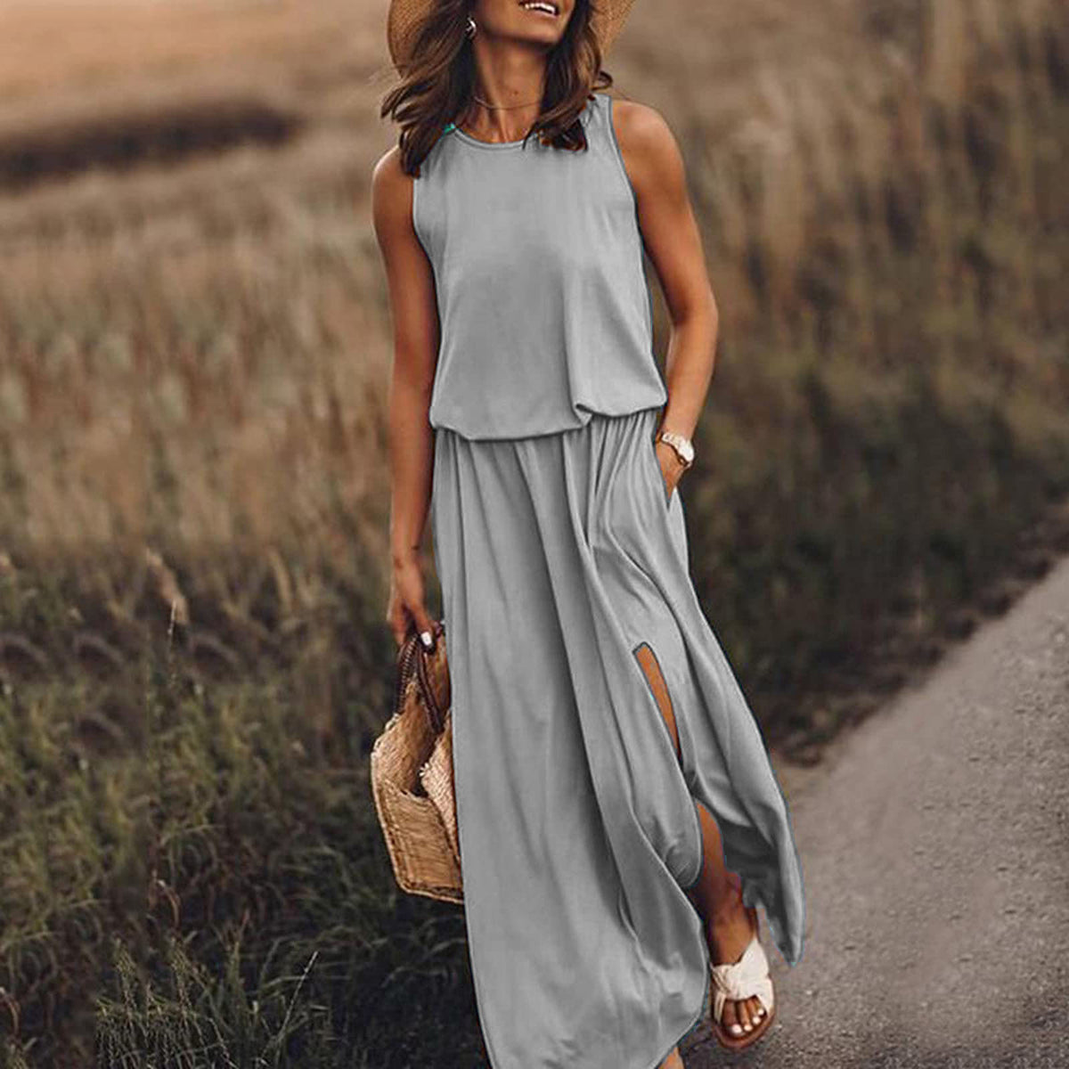 Crew Neck Sleeveless Elastic Waist Side Split Maxi Dress 6