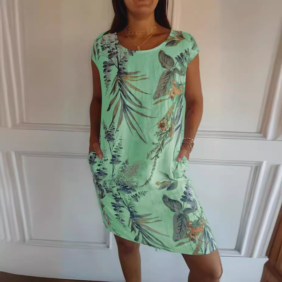 Botanical Leaf Print Round Neck Cap Sleeve Shift Dress with Pockets 4