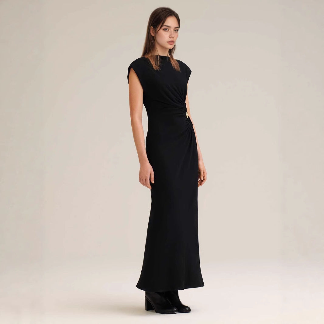 Solid Color Simple Elegant Pleated Button Embellishment Dress Lady Maxi Dress