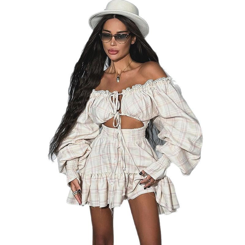 Plaid Off Shoulder Puff Sleeve Ruffle Two Piece Set 5