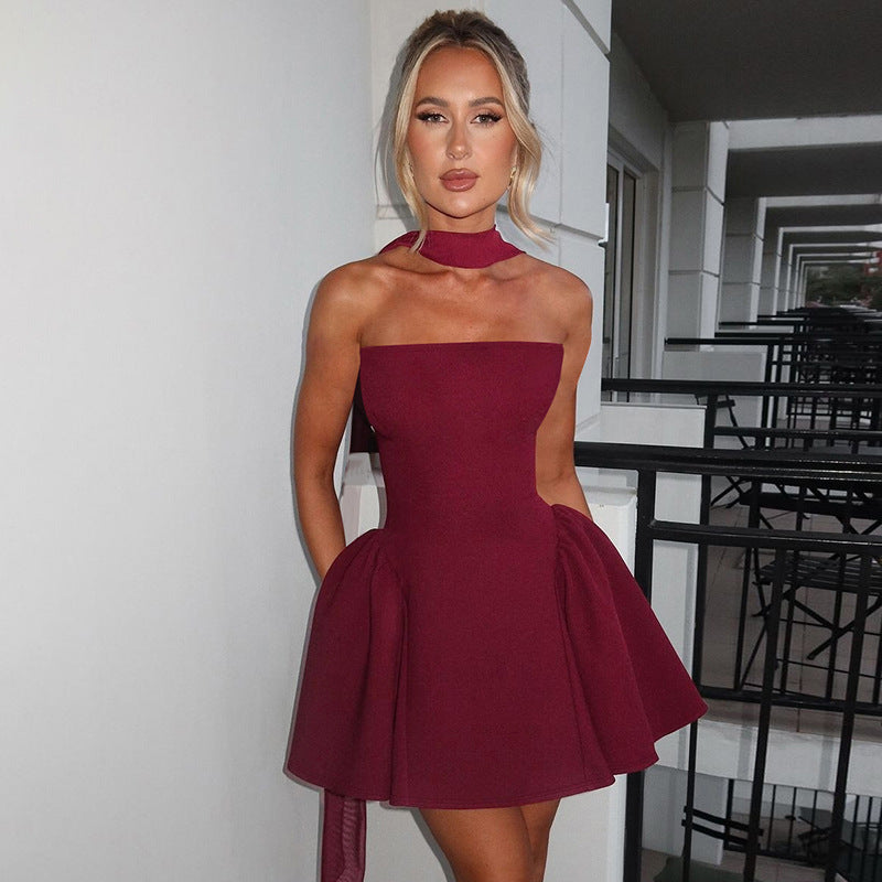 Strapless Fit and Flare Mini Dress with Sheer Scarf Choker 6