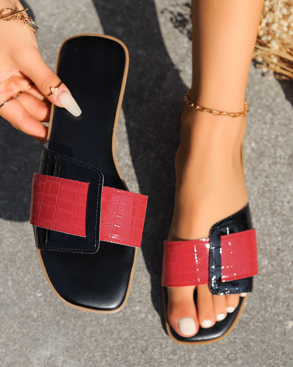 Patent Leather Color Block Square-Toe Flat Sandals