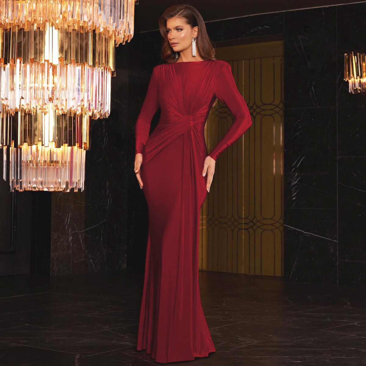 Satin Round Neck Long Sleeve Ruched Mermaid Maxi Gown