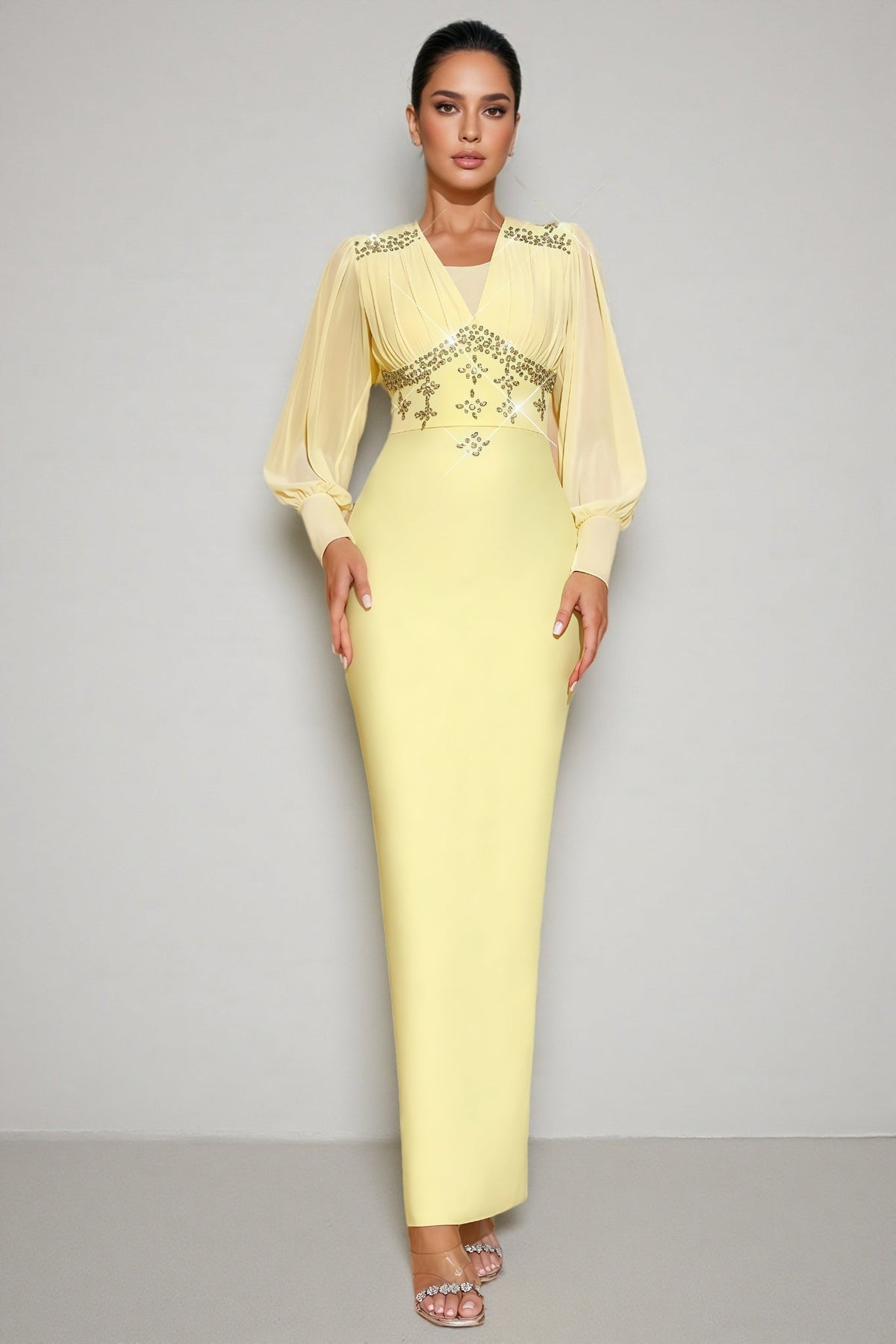 Rhinestone Embellished V-Neck Sheer Lantern Sleeve Column Maxi Dress 3