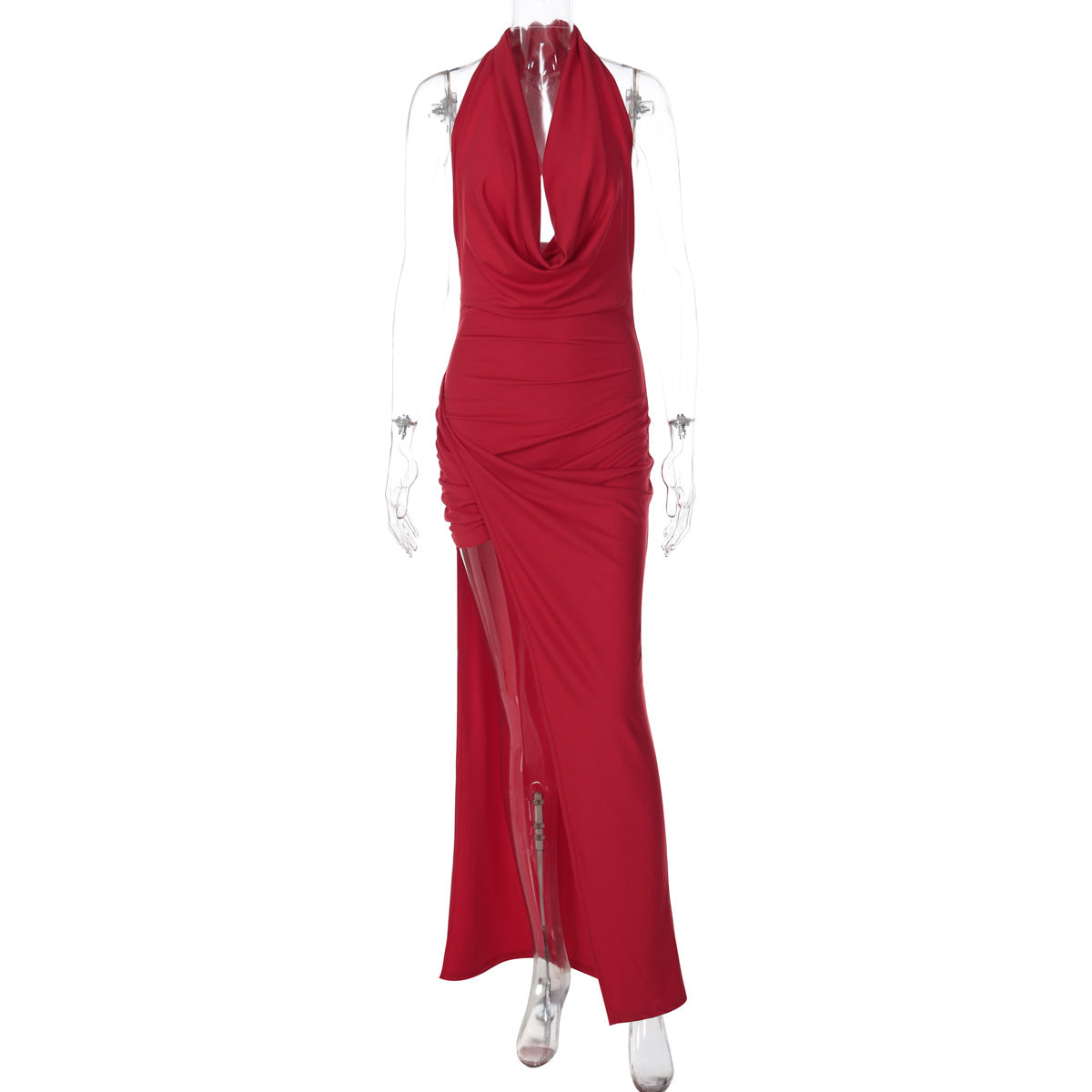 Deep V-Neck Cowl Halter Backless Ruched High Split Maxi Dress 4