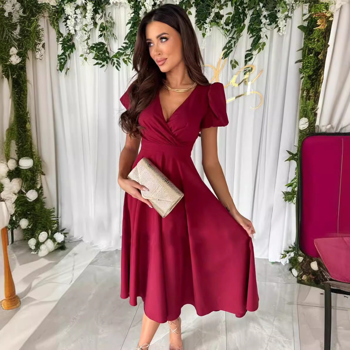 Women Clothing Sexy V neck Solid Color Short Sleeve Medium Group Dress