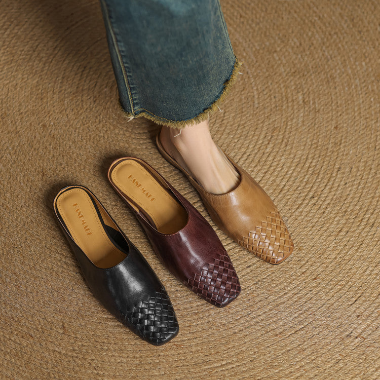 Woven Square Toe Flat Mules