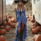 Ruffle Deep V-Neck Long Sleeve High Low Maxi Dress