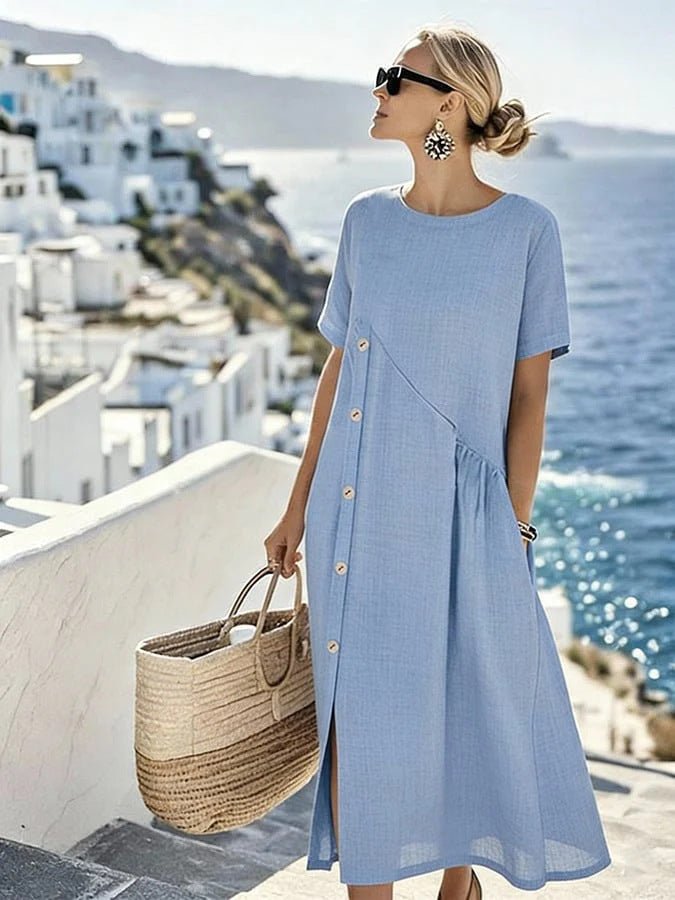 Crew Neck Short Sleeve Side Button Linen Midi Dress Summer 6