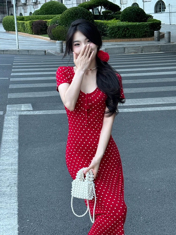 Polka Dot Sweetheart Puff Sleeve Bodycon Midi Dress 4