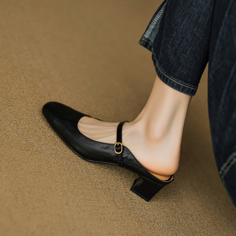 Square Toe Buckle Block Heel Mary Jane Mules
