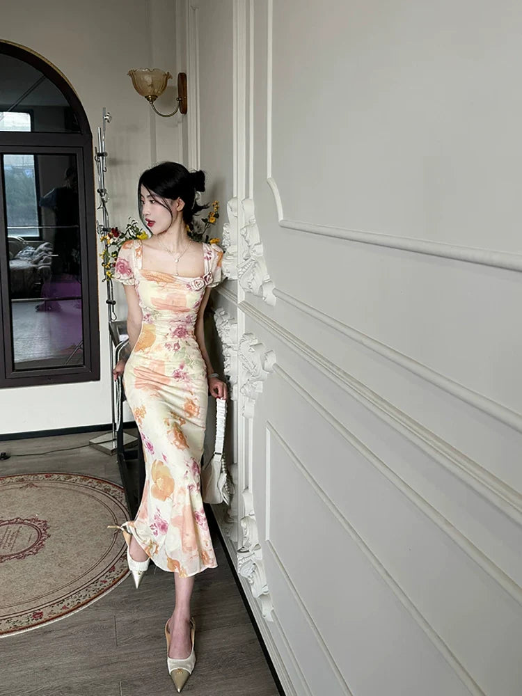 Floral Puff Sleeve Rosette Bodycon Midi Dress 4