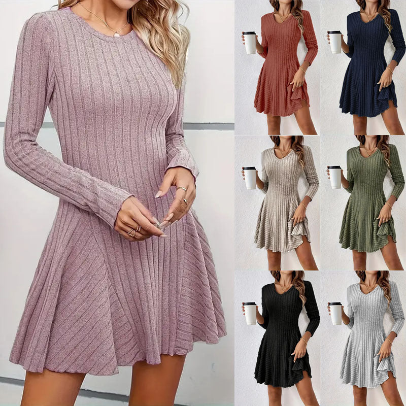 Ribbed Knit V-Neck Long Sleeve Fit and Flare Mini Dress