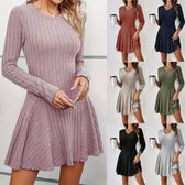 Ribbed Knit V-Neck Long Sleeve Fit and Flare Mini Dress