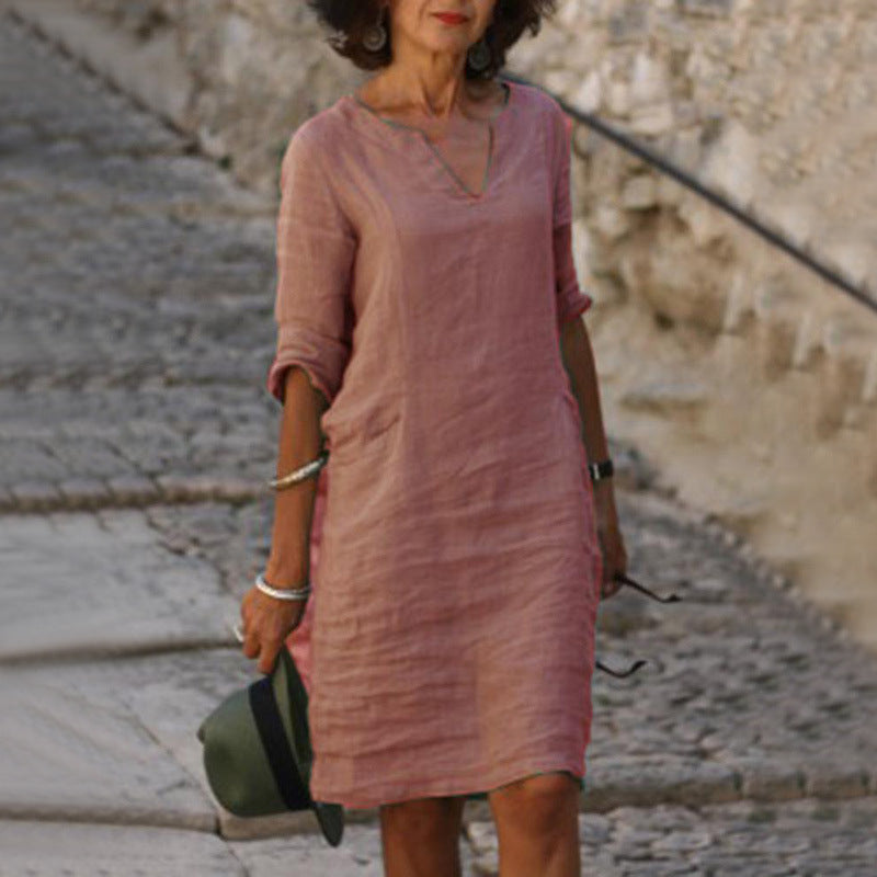 Split Neck Short Sleeve Pocket Shift Midi Dress 3