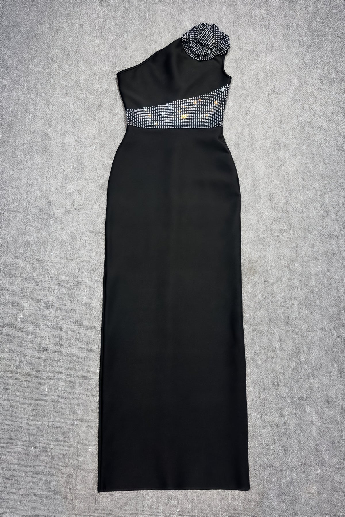One Shoulder Rosette Rhinestone Waist Column Maxi Dress 4