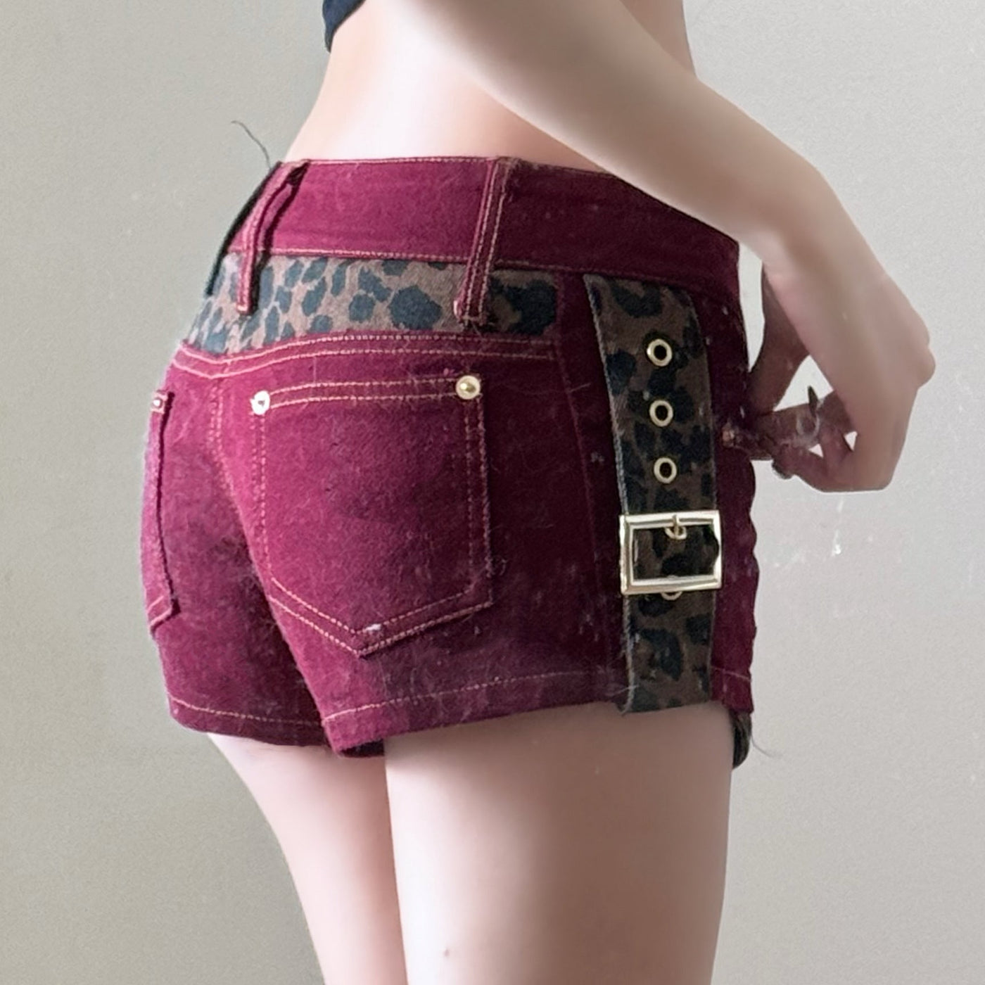 Leopard Patchwork Low Rise Denim Shorts