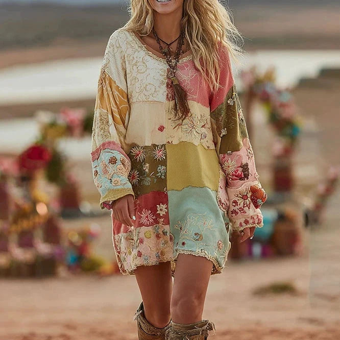 V-Neck Long Sleeve Patchwork Print Boho Mini Dress