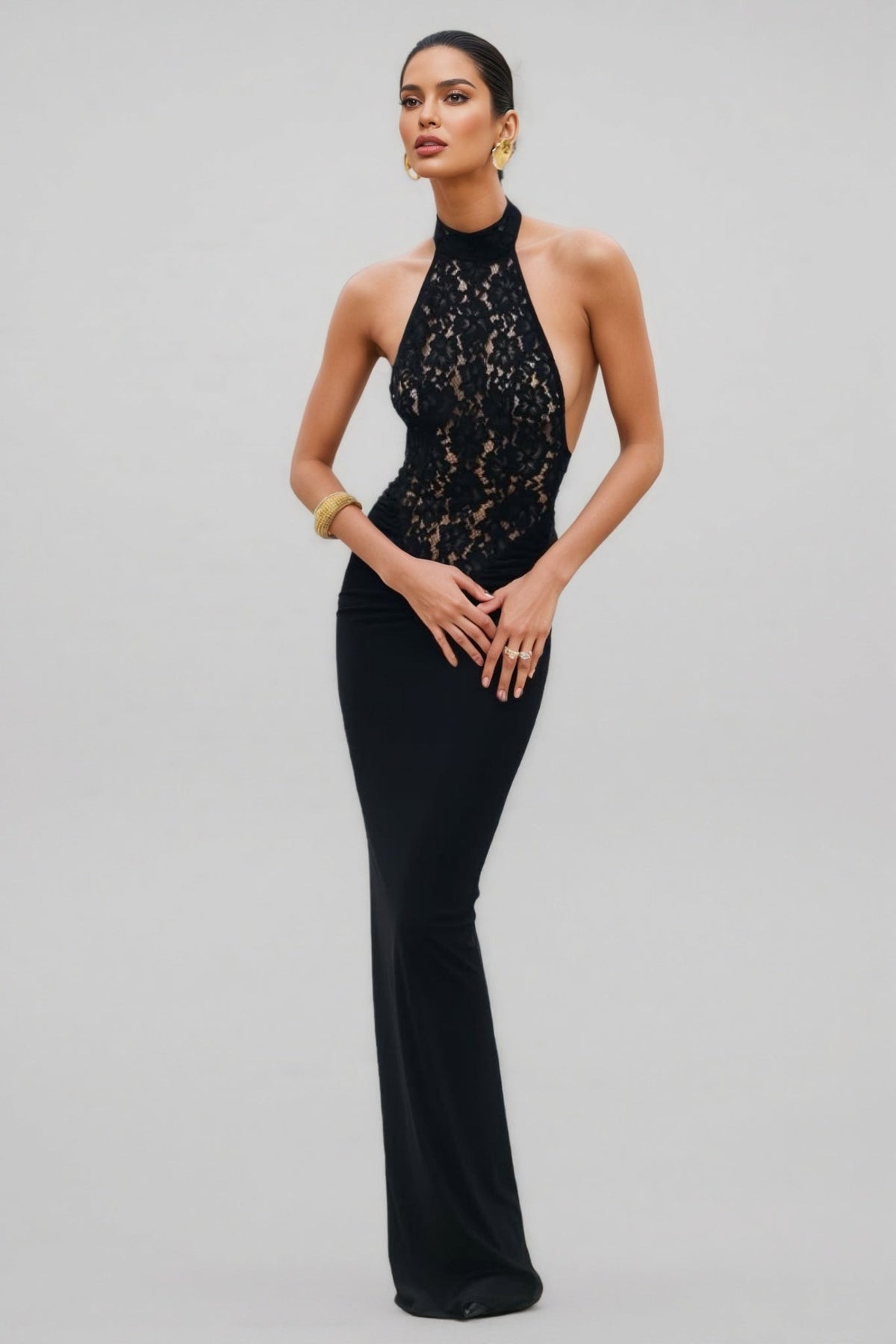 Sheer Lace Bodice Halter Neck Sleeveless Mermaid Maxi Dress