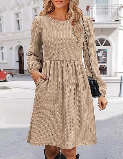 Cable Knit Crew Neck Long Sleeve Pocket A-Line Mini Dress 3