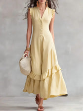 V-Neck Ruffle Sleeve Button Front Tiered Maxi Dress 11