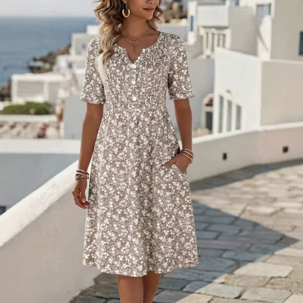 Summer Women Clothing Broken Floral Printed V neck Midi Dress Short Sleeve Dress
