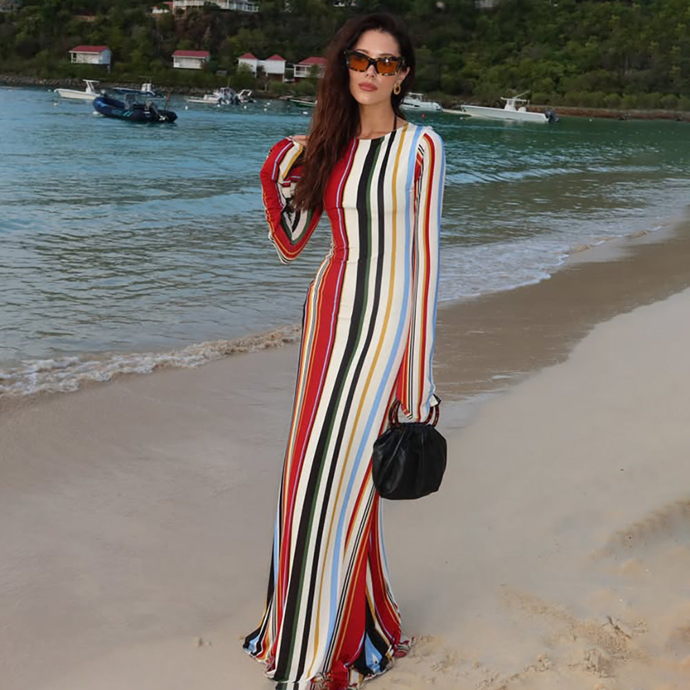 Multi Stripe Crew Neck Long Sleeve Bodycon Mermaid Maxi Dress 3