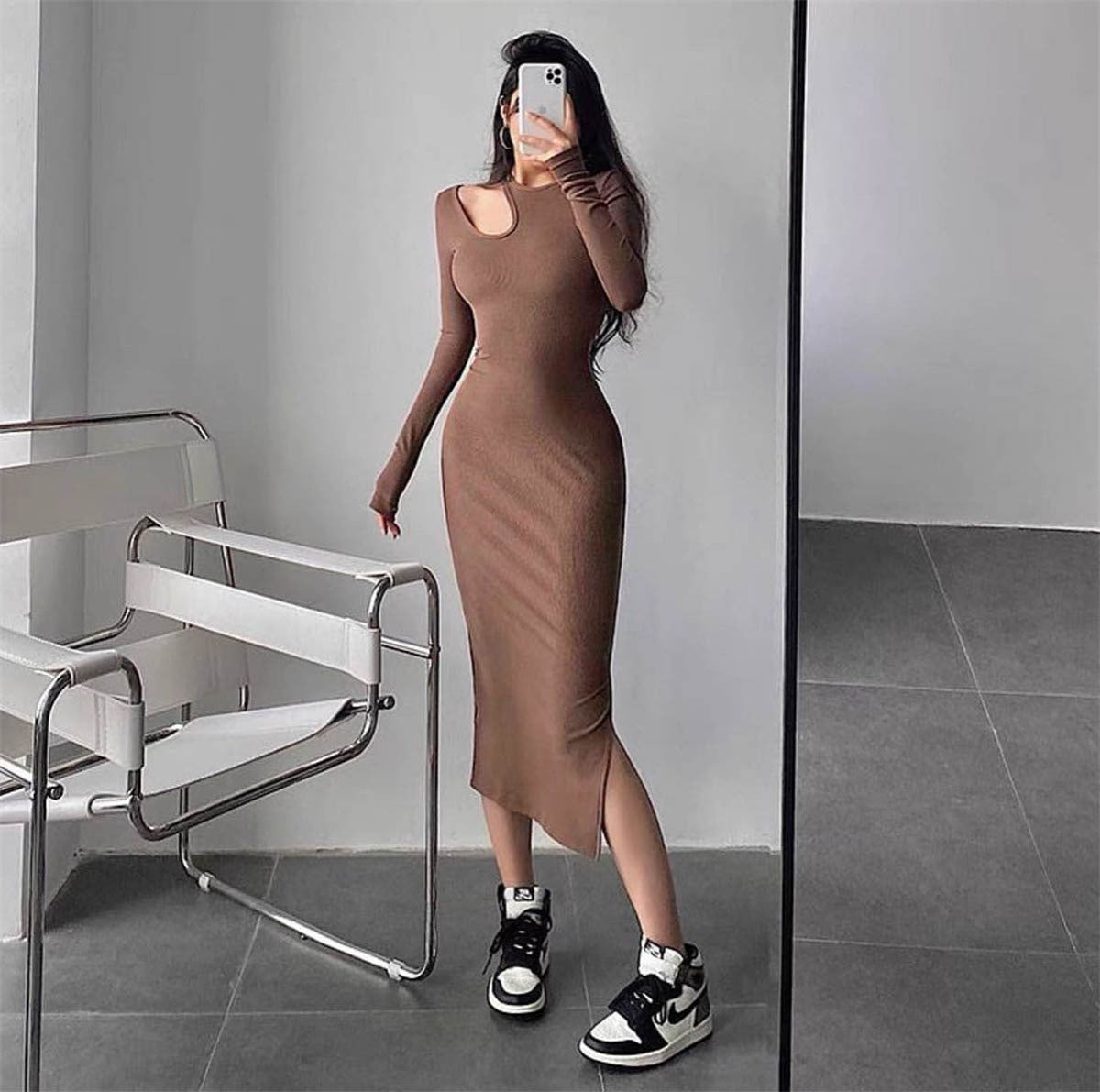Ribbed Knit Cut Out Shoulder Long Sleeve Side Split Bodycon Midi Dress