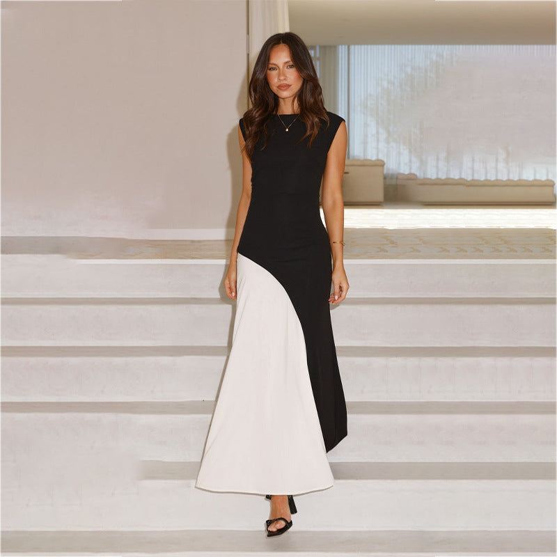 Two Tone Color Block Round Neck Sleeveless Asymmetric Panel Maxi Dress