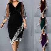 Velvet Sequin V-Neck Mesh Sleeve Bodycon Midi Dress