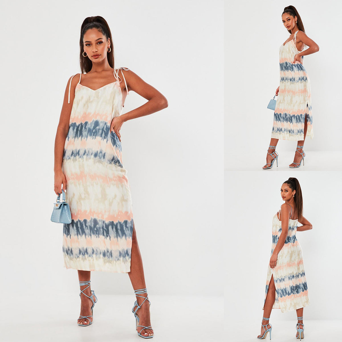 Tie Dye Striped Tie Shoulder Cami Side Split Midi Dress 5